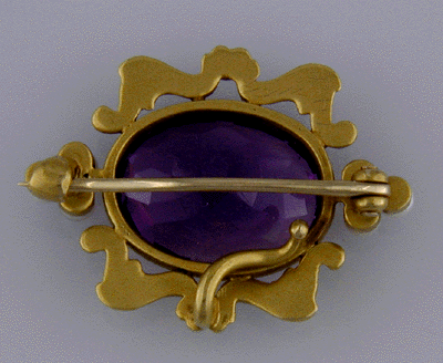 Rear view of Art Nouveau pin with amethyst and pearls.