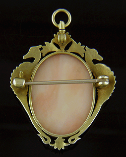 Reverse of Art Nouveau coral cameo of Diana set in 14kt gold brooch (J5269).