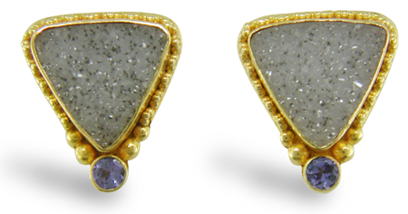 A striking pair of Drusy Quartz and Tanzanite earrings hand crafted in 22kt yellow gold. (J4738)