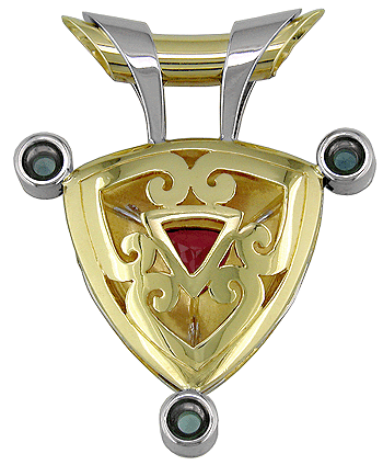 Rear view of 18kt gold and platinum pendant with tourmalines.