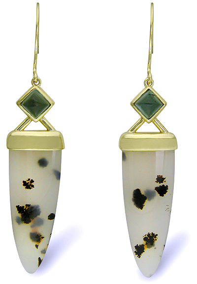 Dendritic Agate and Green Tourmaline dangle earrings hand crafted in 18kt yellow gold. (J5720)