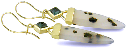 Dendritic Agate and Green Tourmaline dangle earrings hand crafted in 18kt yellow gold. (J5720)
