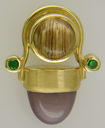 18kt gold pendant featuring holly chalcedony, rutilated quartz and tsavorite garnets.