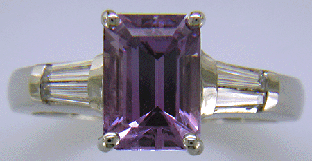 Lavender Sapphire set with tapered baguette diamonds in a hand-crafted platinum ring.