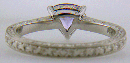 Inside view of platinum engraved ring with trillium lavender sapphire. (J6399)
