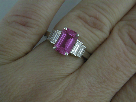 Pink sapphire and diamond hand-crafted platinum ring. (J7257)