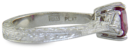 Inside view of platinum hand-engraved ring with Bijoux Extraordinaire hallmark ('BEL'). (J8424)