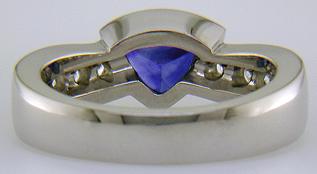 Inside view trillium sapphire and diamond custom platinum ring.