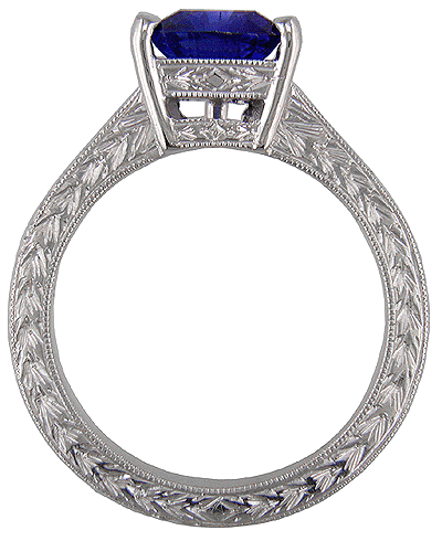 Sapphire and Platinum Engraved Engagement Ring.