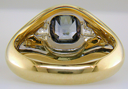 Inside view of custom Sapphire and Diamond ring crafted in 18kt gold and platinum.