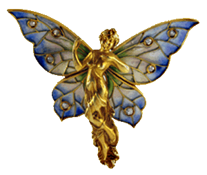 An Art Nouveau fairy brooch with plique-à-jour enamel wings.
