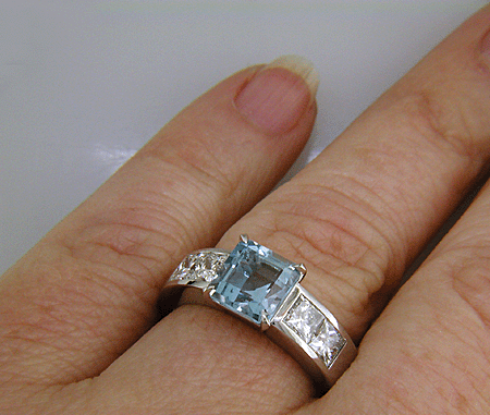 Aquamarine and Diamond handcrafted platinum ring.