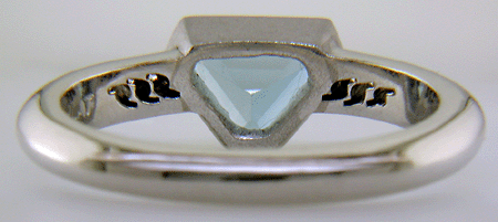 Inside view of Calf-head Aquamarine with round diamonds in a custom platinum ring.