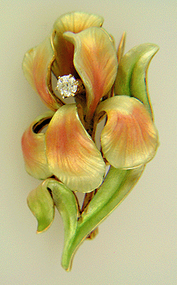 Art Nouveau iris brooch with Old European-cut diamond. (J6533)