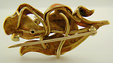 Rear view of Art Nouveau iris brooch with a diamond. (J6533)