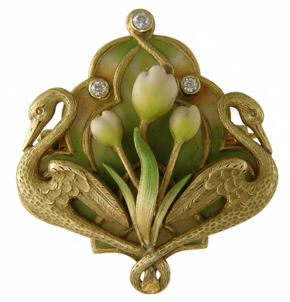 Krementz Art Nouveau swan and tulip brooch. (BR4809)