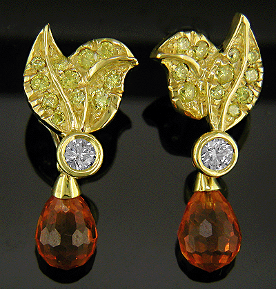Spessartite garnets and yellow diamonds in custom 18kt gold earrings.