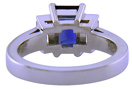 Inside view of emerald cut sapphire and diamond ring.