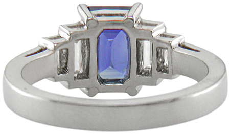 Inside view emerald-cut sapphire and diamond handcrafted platinum ring.%20(J6767)