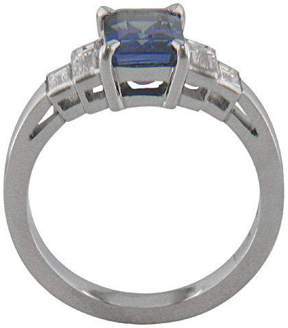 Side view of emerald-cut sapphire and diamond handcrafted platinum ring. (J6767)