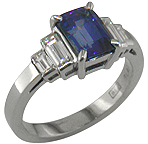 Emerald cut sapphire and diamond handcrafted platinum ring. (J6767)