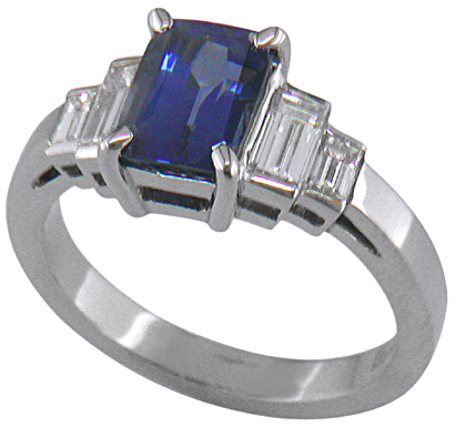 Emerald cut sapphire and diamond handcrafted platinum ring. (J6767)