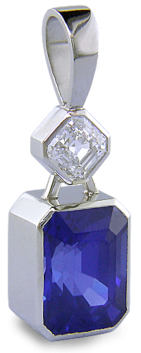 Custom platinum pendant featuring a beautiful Sapphire and an Asscher-cut Diamond.
