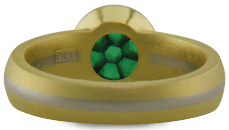 INsie view of gold and platinum ring set with a Trapiche Emerald.  (J7258)