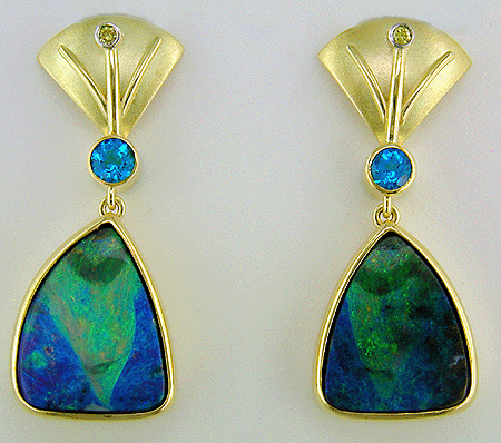 Boulder opal, yellow diamond and apatite earrings.