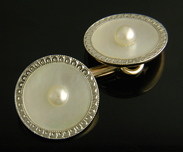 Carrington mother-of-pearl and pearl dress set crafted in platinum and 14kt yellow gold. (J8765)