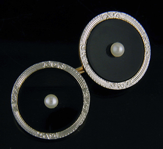 Antique onyx and pearl full dress set. (J8850)