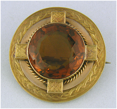 Victorian Celtic Revival gold brooch with Citrine. (J7408)