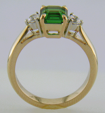 Side view of Chrome Tourmaline and diamond 18kt gold and platinum ring.