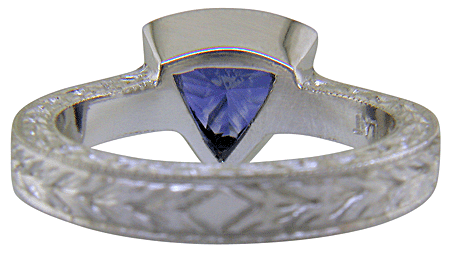 Inside of a handcrafted, hand-engraved platinum ring. (J8707)