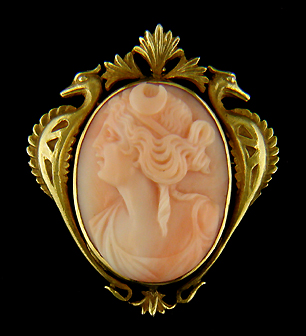 Art Nouveau coral cameo of Diana set in 14kt gold brooch (J5269).