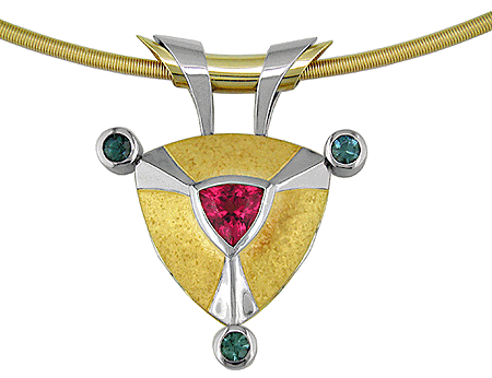 18kt gold and platinum pendant with rubellite and blue-green tourmalines.