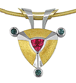 NH CrossRoads Custom Designed Pendant in 18kt Yellow Gold and Platinum with Rubellite and Blue-Green Tourmalines