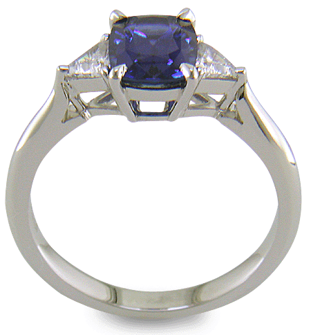 Side view of handcrafted sapphire and diamond platinum ring. (J8596)