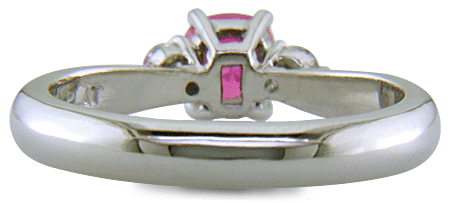 Inside view of Cushion-cut Pink Sapphire set with two round diamonds in a handcrafted platinum ring. (J8597)