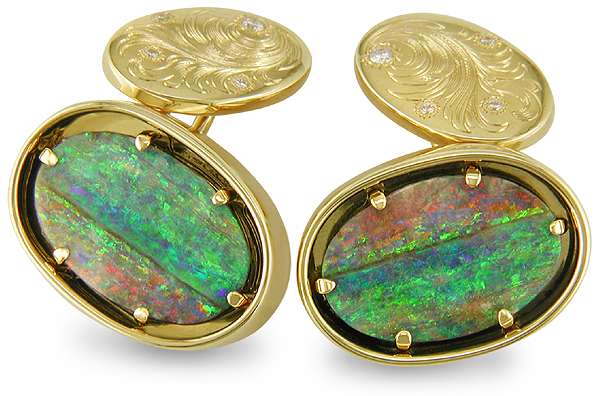 Custom Boulder Opal and Diamond Cufflinks in 18kt Yellow Gold from Bijoux Extraordinaire,  the custom cufflink experts