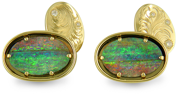 Custom Boulder Opal and Diamond Cufflinks in 18kt Yellow Gold from Bijoux Extraordinaire,  the custom cufflink experts