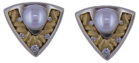 Pearl, diamond and 22kt gold earrings. (J3930)
