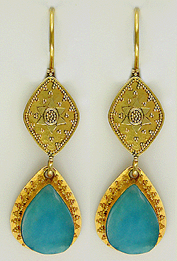 Drusy chrysocolla earrings in 22kt gold.