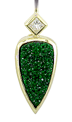Drusy uvarovite earrings with princess-cut diamonds.