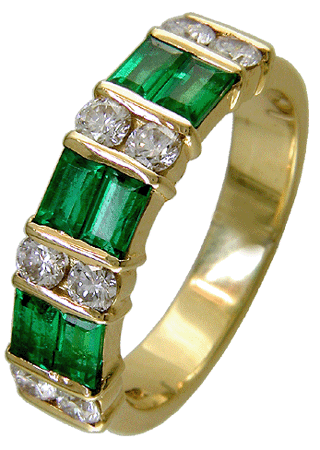 Side view of emerald and diamond band.