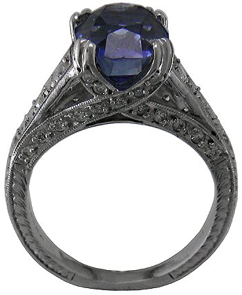 End view of estate sapphire and platinum ring.