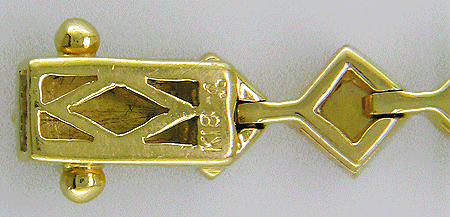 Closeup of clasp of fancy color sapphire bracelet. (J5714)