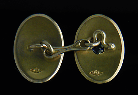 Back of scrolling 14kt gold cufflinks with blue sapphires. (J8452)
