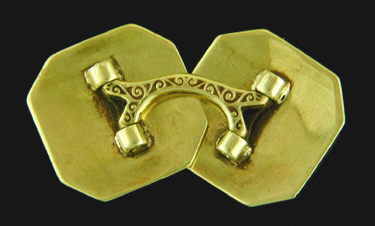 Rear view of Larter 14kt yellow gold and green enamel cufflinks. (J9213)