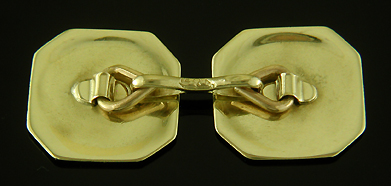 Rear view of Larter 14kt yellow gold and blue enamel cufflinks. (J9225)